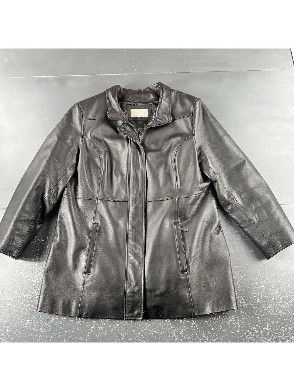 Croft Barrow Leather Jacket Women 1X Black Quilt Lined Heavy Long A-Line Winter